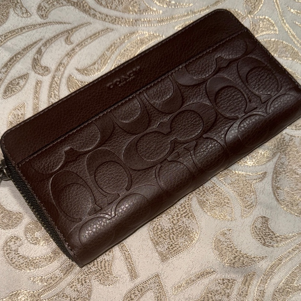 Coach Embossed Accordn Signature Leather Wallet - Dark Brown - Picture 9 of 11